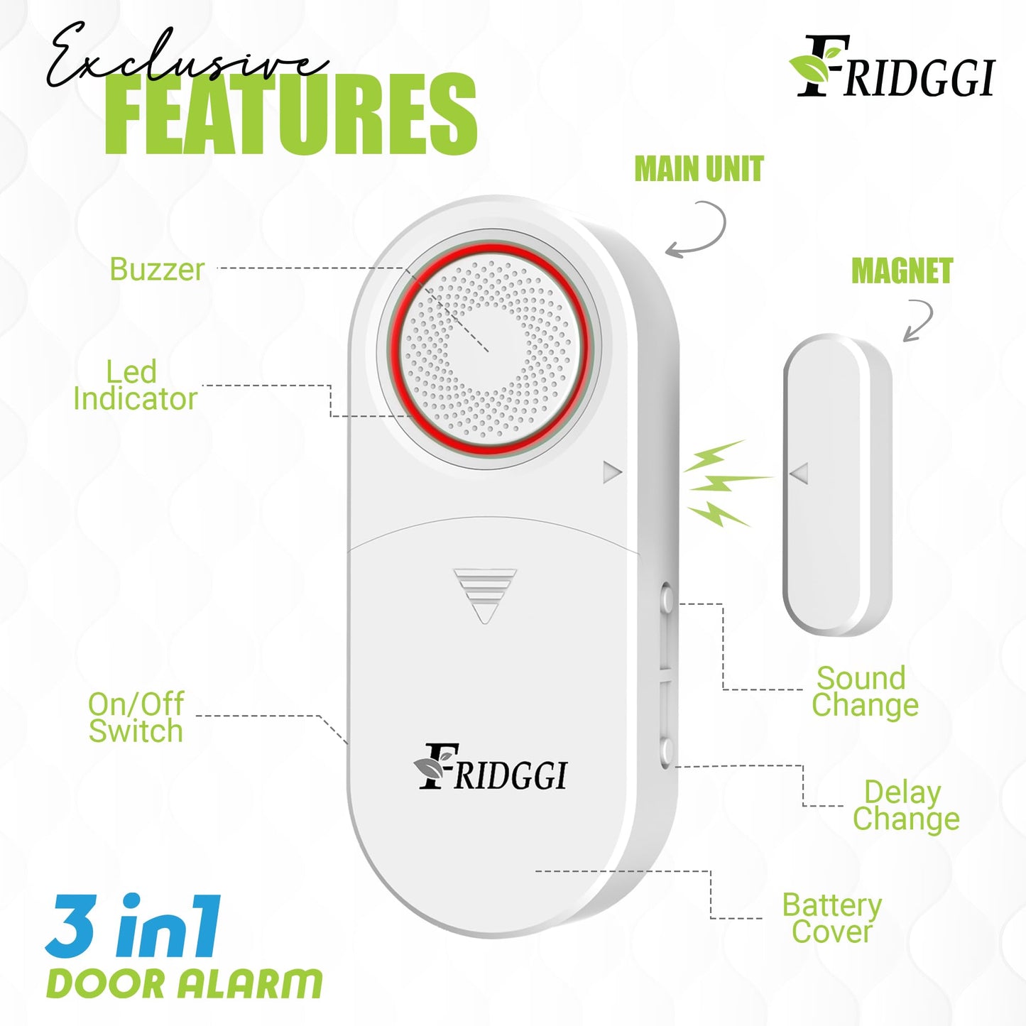 3in1 Alarm - Door Ajar Alarm, Door Chime with Delay, 0/5/10/30/60 Seconds, 2/5 Minutes, Close Door Reminder, 80 to 120 dB, Time Delay Alert When Left Open for Freezer, Home, Shop. (White)