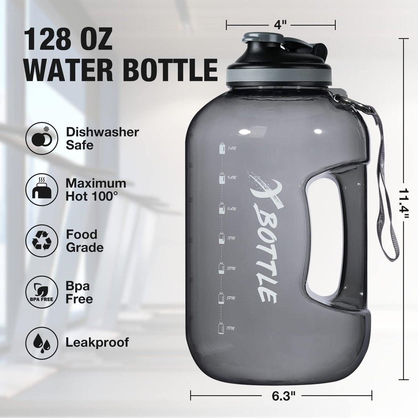 1 Gallon BPA Free Dishwasher Safe 128oz Large Water Bottle with Motivational Time Marker and Handle - Leak-proof Big Black Water Jug for Camping, Sports, Workouts (Chug Lid)