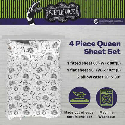 Franco Collectibles Beetlejuice Halloween Bedding Super Soft Microfiber Queen Sheet Set, College Dorm Essentials, (Officially Licensed Product)