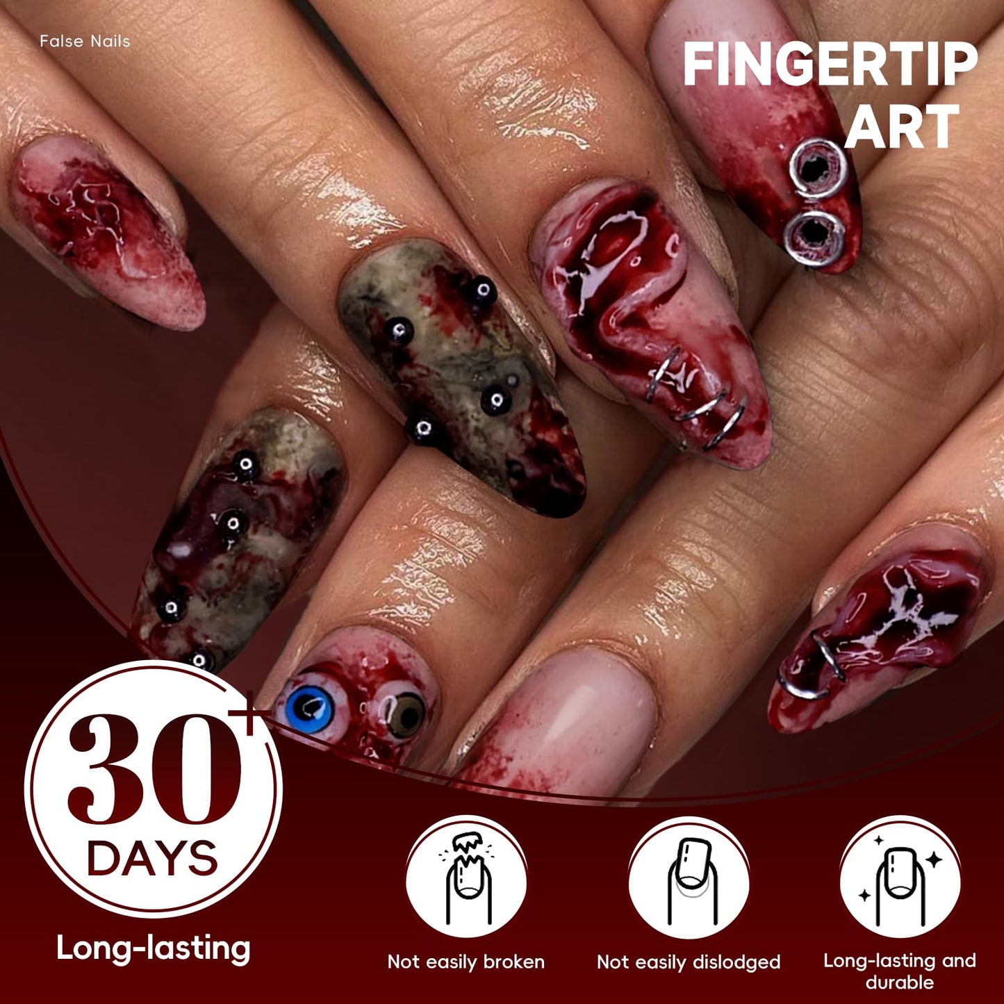 HOSAILY Halloween Press on Nails Short Almond Fake Nails 3D Blood Stain Eyeball Scar Horror Design Gothic False Nails for Party Cosplay Spooky Season Manicure, 30pcs Full Cover Glue on Nail for Women
