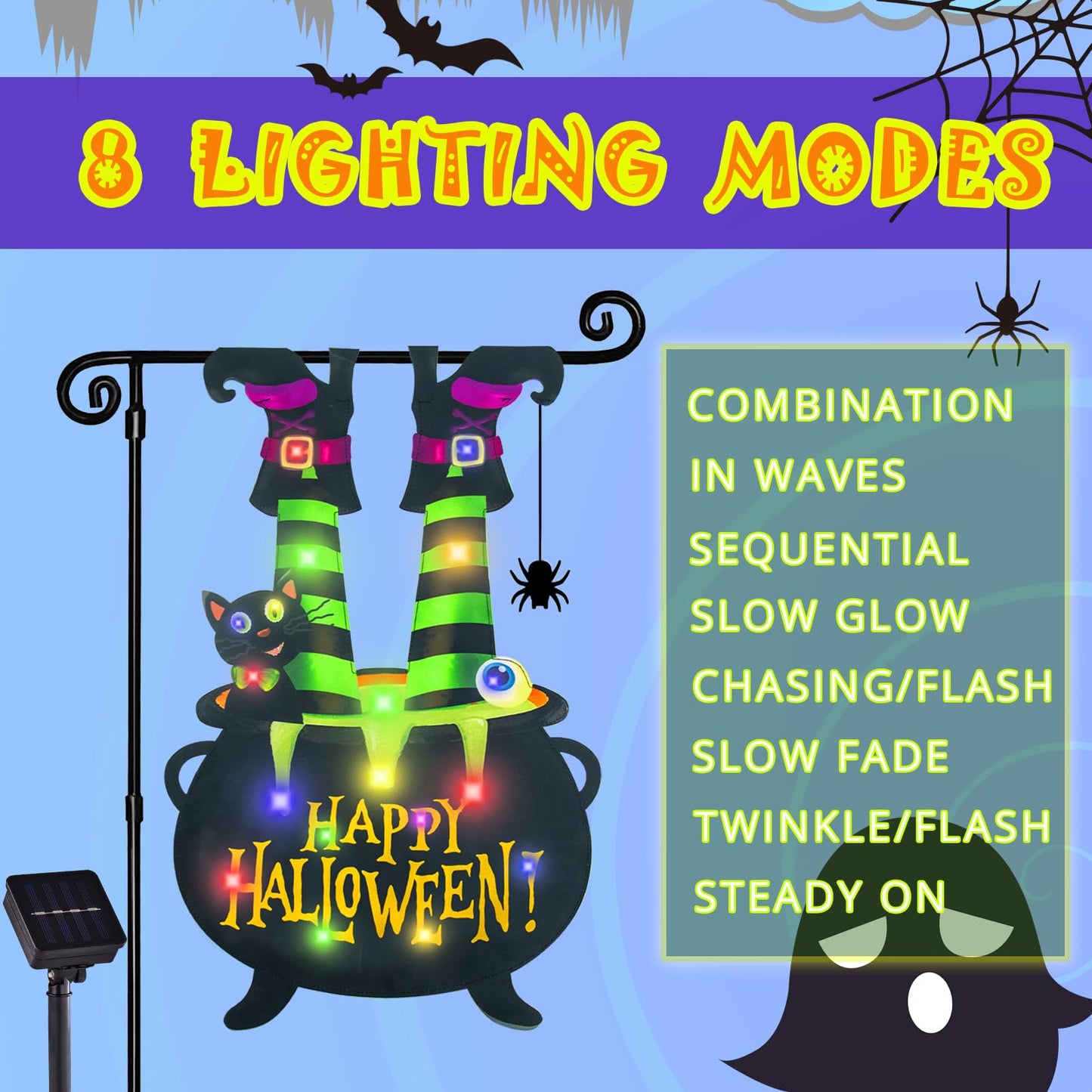 Halloween Lighted Garden Flag for Outside, Led Solar Yard Flag 8 Modes Witch Feet Shape Flag, 12x18 Double Sided Cauldron Eyeball Black Cat Decorations for Home Porch