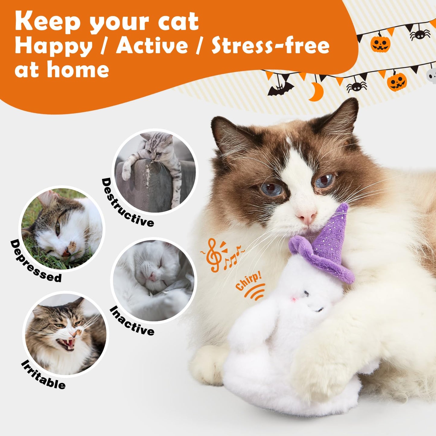 Kimee Halloween Catnip Toys, Flapping Ghost Catnip Toy, Interactive Kitten Exercise Toys for All Cat Breeds Play Alone, Never Boredom