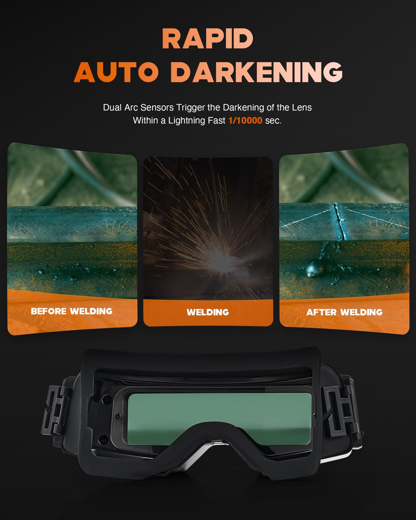 CREWORKS Auto Darkening Welding Goggles, Safety Glasses for Men With Wide Shade 4/5-9/9-13, Eye Protection Mask Helmet for Grinding Plasma Cutting TIG MIG Arc, Black