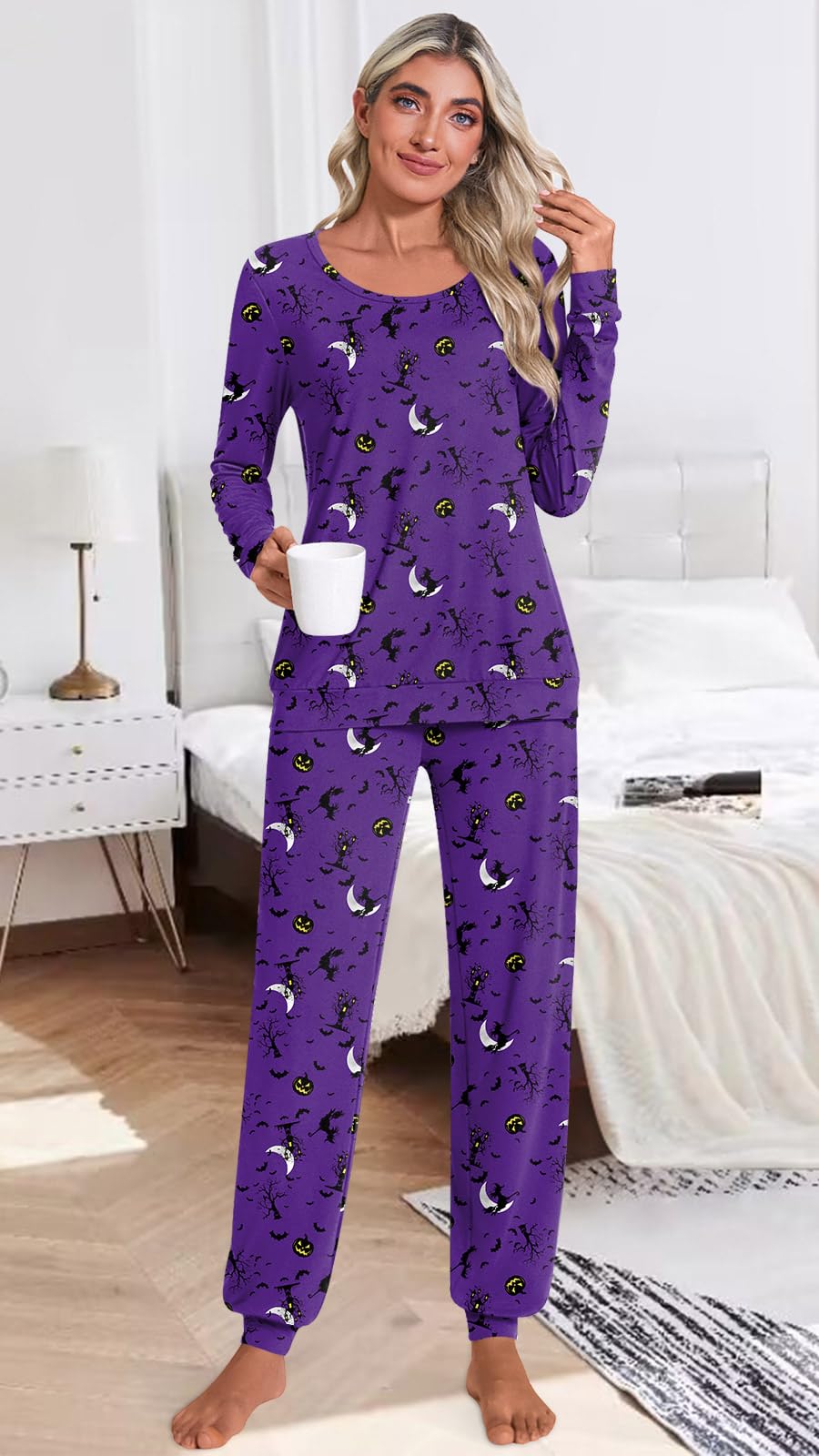HOTGIFT Womens Pajamas Sets, 2 Piece Lounge Pjs Set Long Sleeve Long Pant Ladies Sleepwear with Pockets Halloween Purple Medium