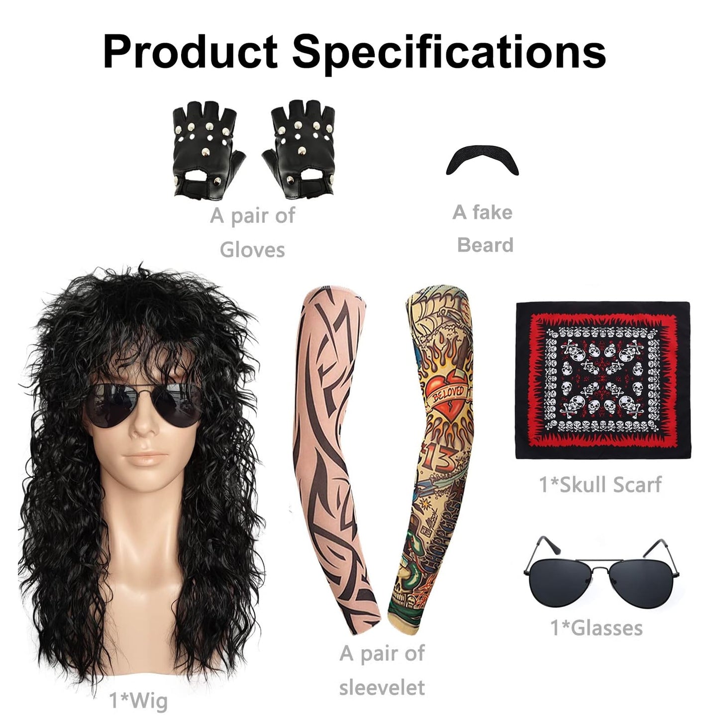 7 Pcs Rocker Costume Men's Wigs Black Curls Disco Costume Men's Party Costume Men with Wigs Sunglasses Beards Sleeves Gloves Headscarves for 70s 80s 90s, Medium