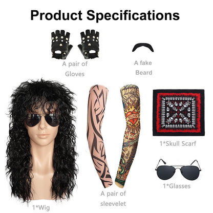 7 Pcs Rocker Costume Men's Wigs Black Curls Disco Costume Men's Party Costume Men with Wigs Sunglasses Beards Sleeves Gloves Headscarves for 70s 80s 90s, Medium