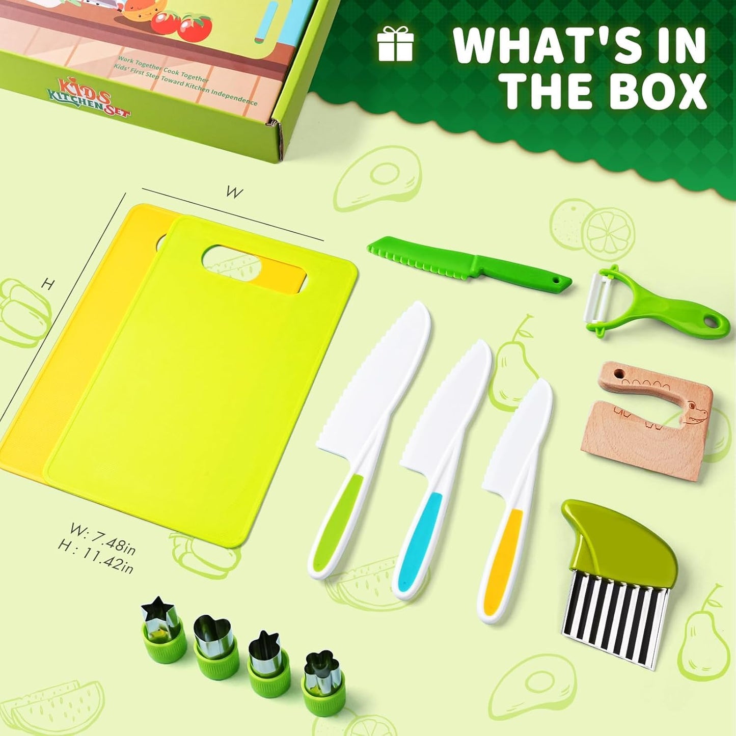 Kids Safe Knife Set -13 Pieces Montessori Kitchen Tools for Toddlers - Kids Cooking Sets, Toddler Knife for Real Cooking with Safe Knives/Crinkle Cutter/Kids Cutting Board/Peeler/Fruit Cutters Shapes