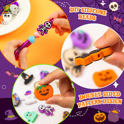 FFNIU 15Pcs Halloween Silicone Beads for Pen, Pumpkin Ghost Focal Beads for Making Keychain Necklace Bracelet Handmade Crafts