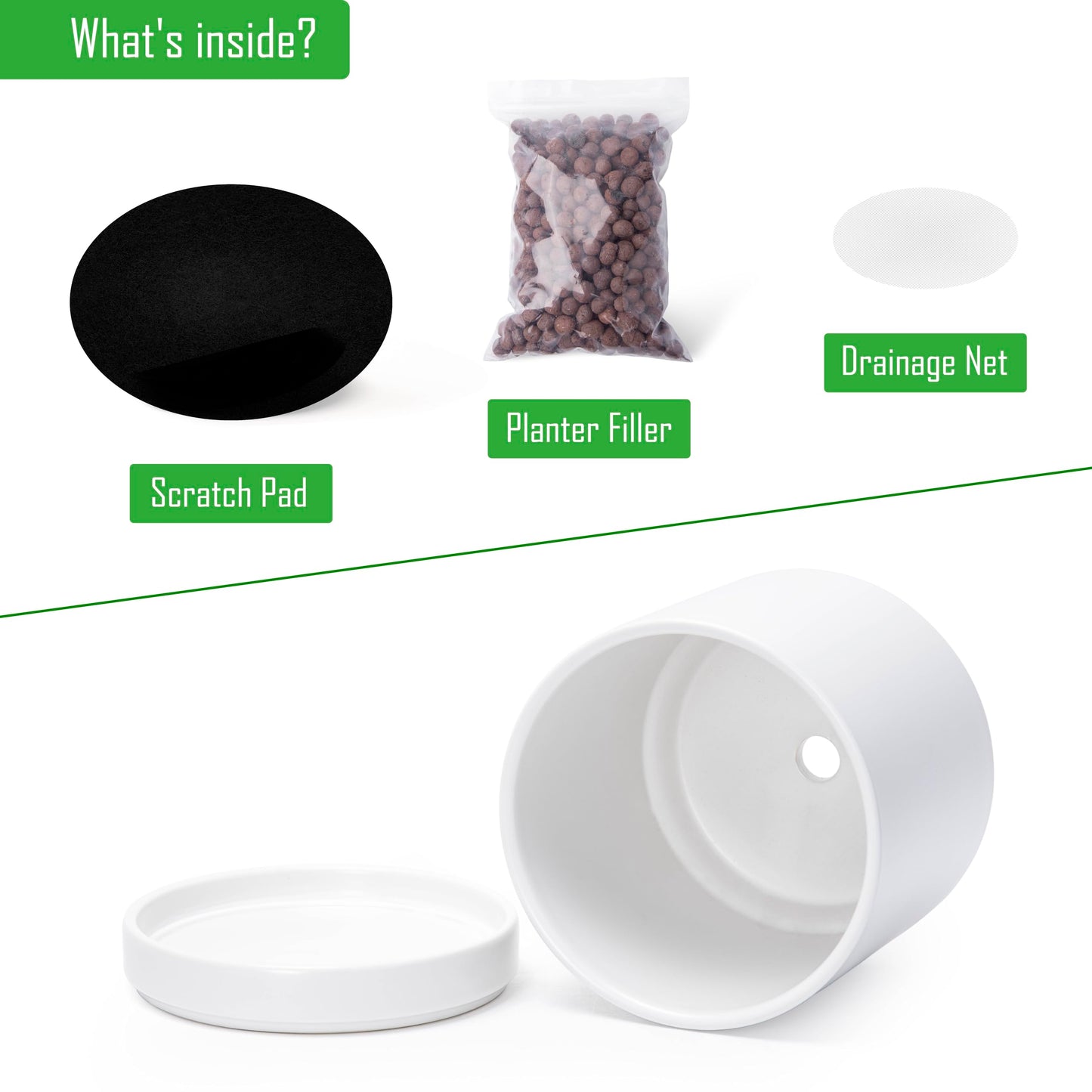 D'vine Dev 6.5 Inch Ceramic Planter Pot with Drainage Hole and Saucer, Indoor Cylinder Round Flower Pot, White, 94-O-C-1