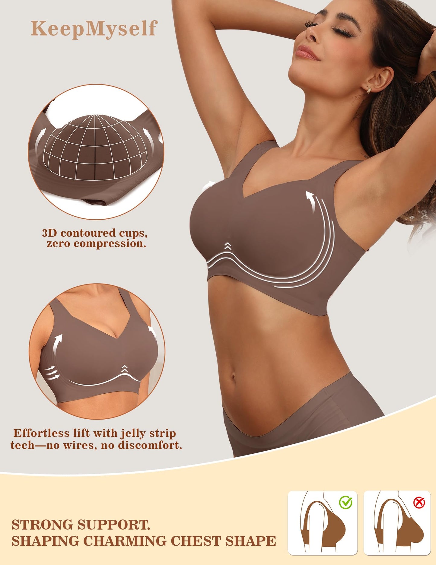 KeepMyself Bras for Older Women - Full Support Wireless Push Up Bra Plus Size - Back Fat Coverage & Anti Sagging Bralette, No Underwire Full Figure Lift Coffee 3XL