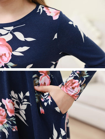 GORLYA Girls Short Sleeve Floral Print Casual Fit and Flare Party Dress with Pockets 4-12 Years (GA1002,10Y,NavyPrint-L)