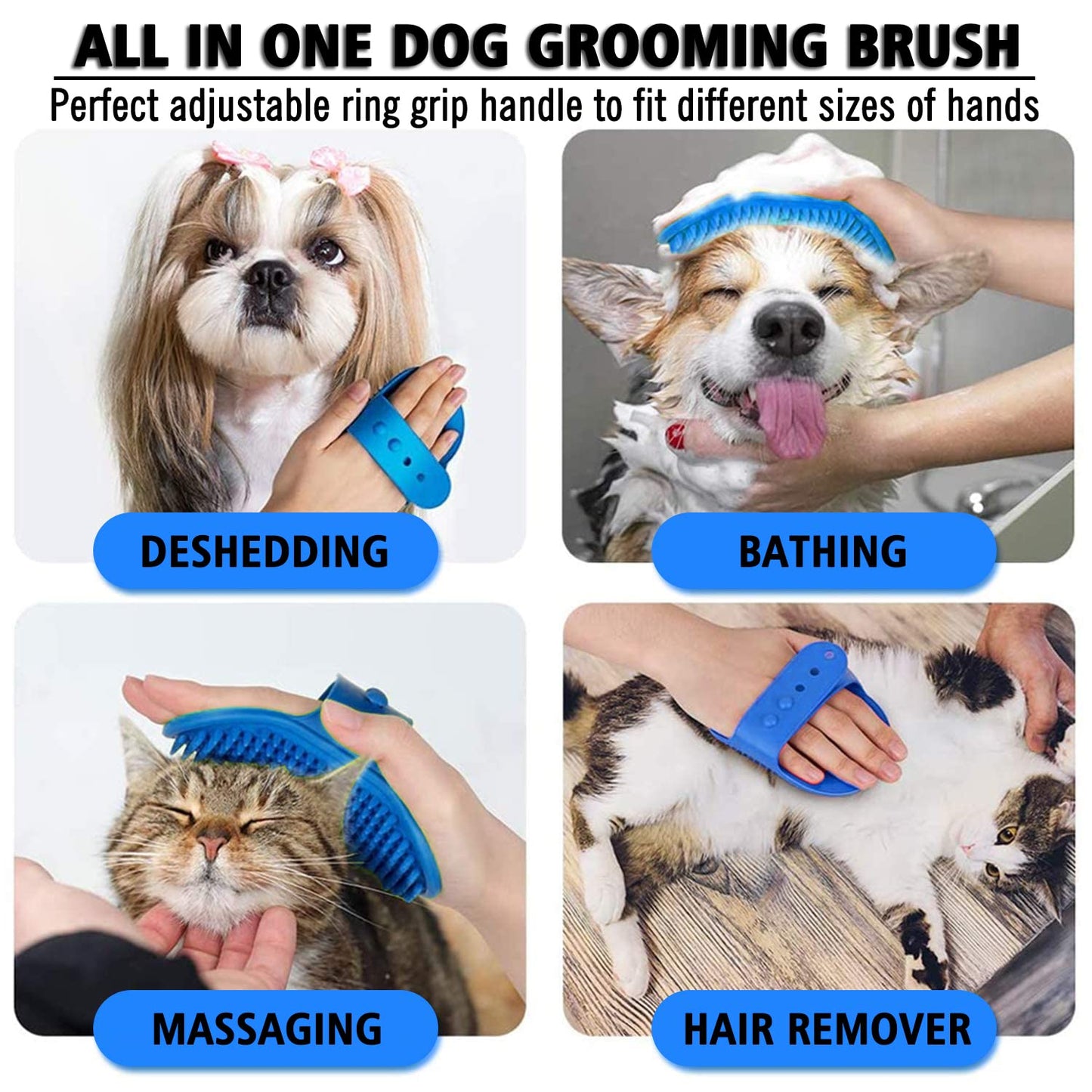 Kwispel Dog Grooming Brush, Pet Shampoo Bath Brush Shedding Soothing Massage Rubber Comb with Adjustable Ring Handle for Long Short Haired Dogs and Cats 2pcs