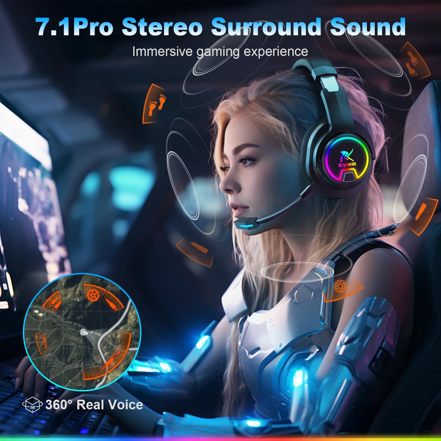 Krysenix PG3 Wireless Gaming Headset for PS4, PS5, PC - 2.4GHz 7.1 Surround Sound, Bluetooth Gaming Headphone with AI Detachable Noise Canceling Mic, 48-Hr Battery for Laptop, Switch, Mac (Black)