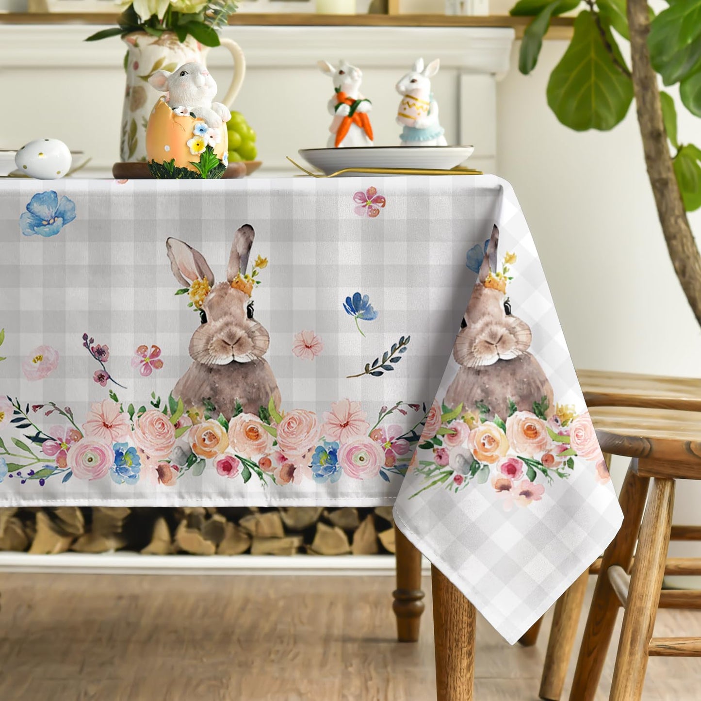 Horaldaily Easter Tablecloth 60x84 Inch Rectangular, Spring Flower Buffalo Plaid Bunny Table Cover for Party Picnic Dinner Decor