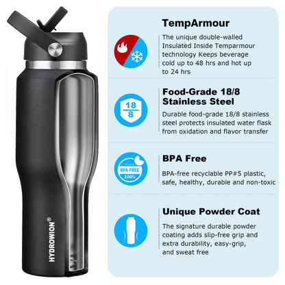 HYDROWION 32oz Stainless Steel Water Bottle(Cold for 48 Hrs, Hot for 24 Hrs),Double Wall Vacuum Insulated Water Bottle with Straw Lid, Spout Lid and Flex Cap, Fit in Any Car Cup Holder,Black