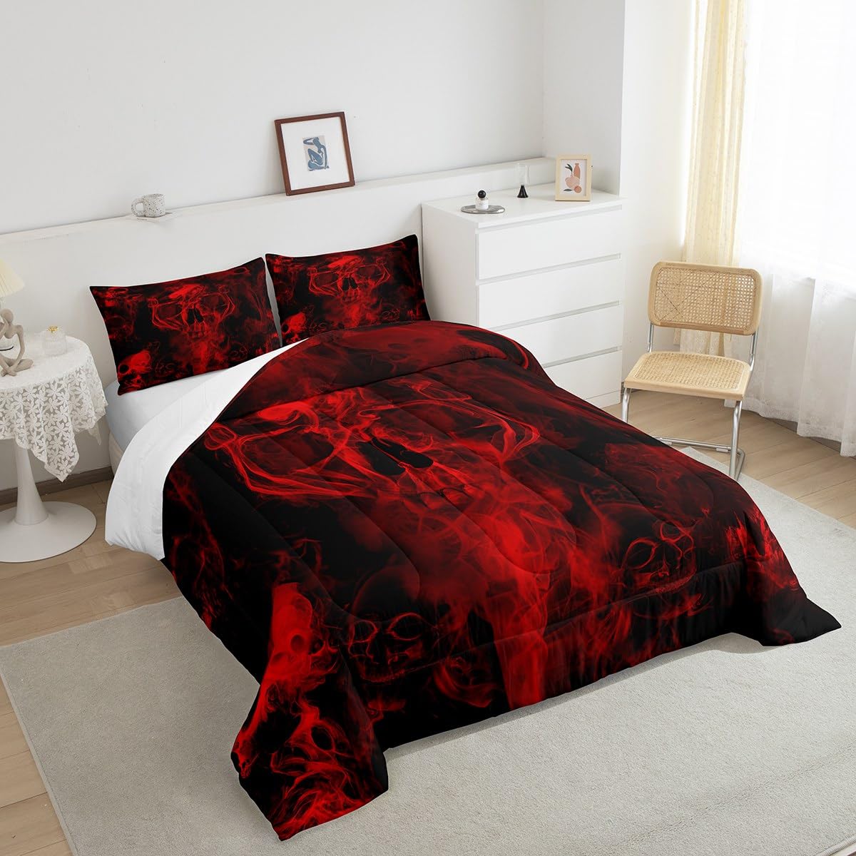 Gothic Skull Bedding Set Red and Black Skeleton Comforter Set Queen For Kids Boys Teen Men,Psychedelic Goth Skull Quilted Duvet Trippy Smoke Halloween Horror Down Comforter Bedroom Decor 2 Pillowcases