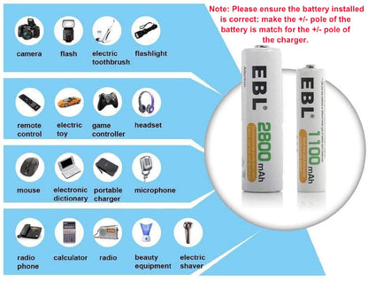 EBL AA Rechargeable Batteries 2800mAh Ready2Charge Quality AA Batteries - 16 Counts