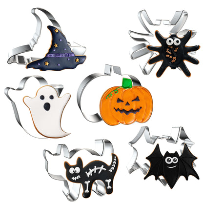 FUSOTO Halloween Cookie Cutters, 6 Pcs Holiday Cookie Cutters Halloween Shapes - Spider, Pumpkin, Bat, Cat, Ghost, Witch Hat for Cookie Baking