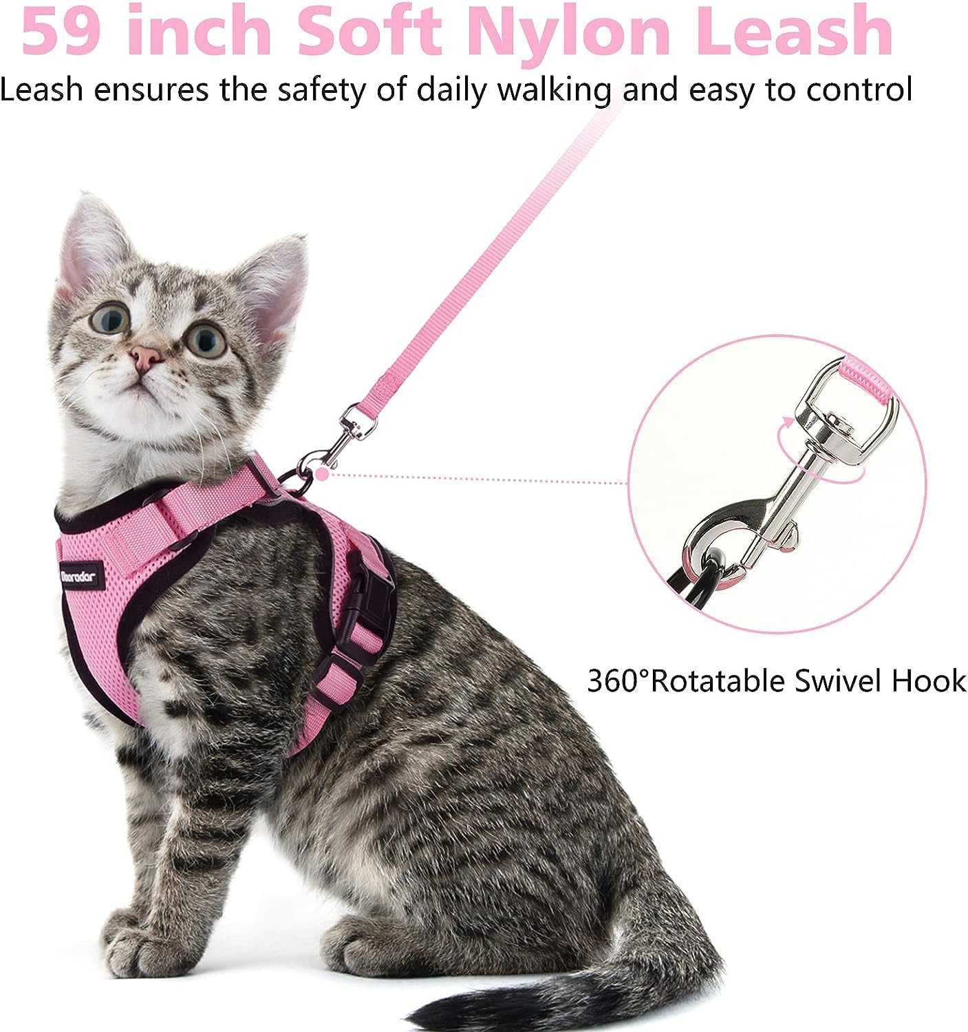 Dooradar Cat Harness and Leash Set, Escape Proof Safe Adjustable Kitten Vest Harnesses for Walking, Easy Control Soft Breathable Mesh Jacket with Reflective Strips for Cats, Pink, M
