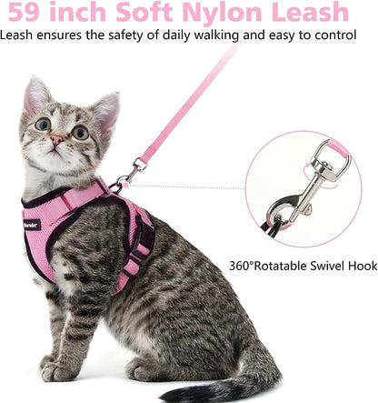 Dooradar Cat Harness and Leash Set, Escape Proof Safe Adjustable Kitten Vest Harnesses for Walking, Easy Control Soft Breathable Mesh Jacket with Reflective Strips for Cats, Pink, M