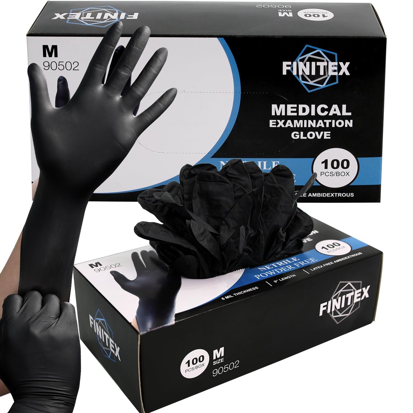 FINITEX Black Nitrile Disposable Medical Exam Gloves - Box of 100 PCS 6mil Powder-Free Latex-Free For Examination Home Cleaning Food Glove (Medium)