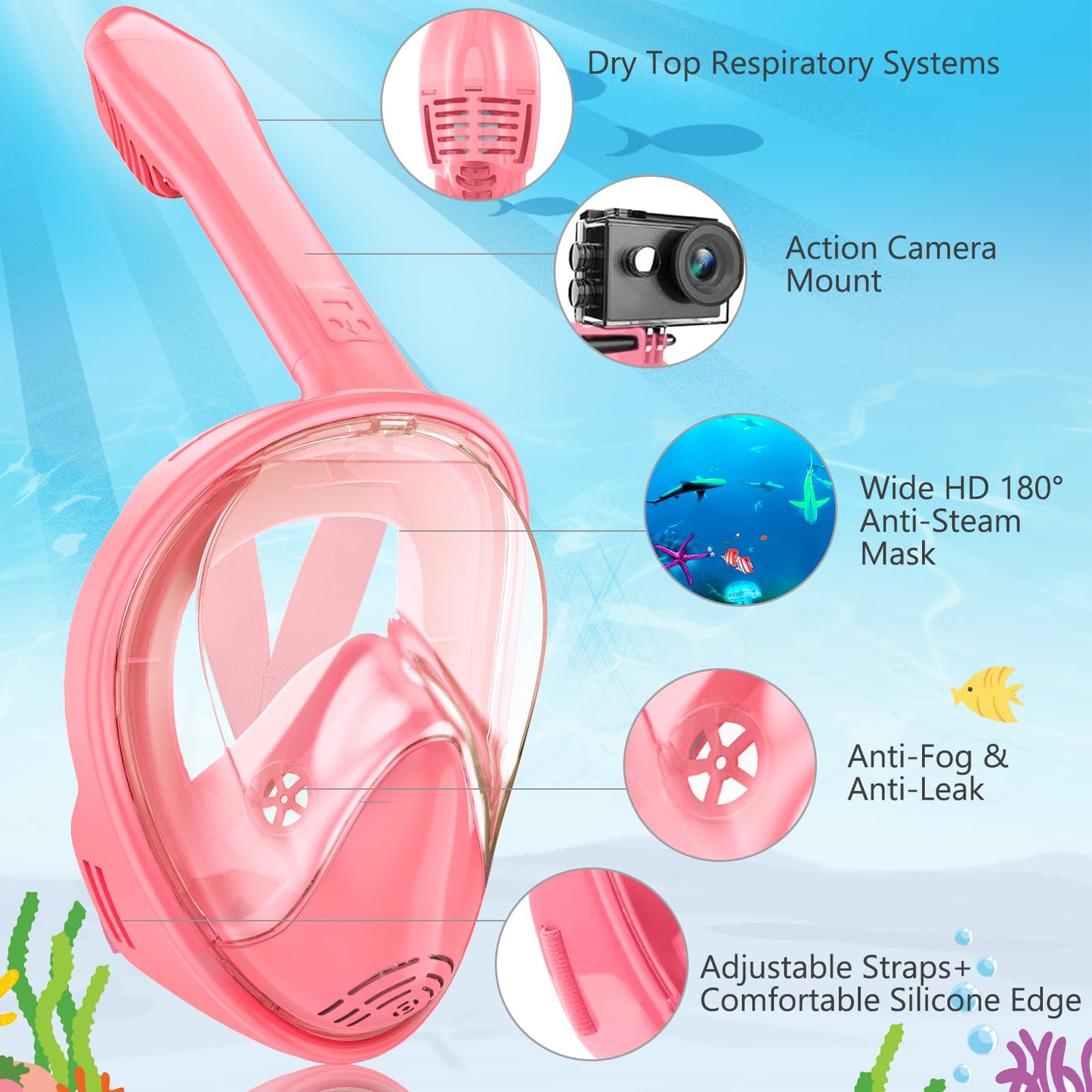 Kids Snorkel Mask Full Face, Snorkeling Gear for Kids 2-14 with Camera Mount, 180 Degree Panoramic View Snorkeling Set Anti-Fog Anti-Leak (Blue Pink)