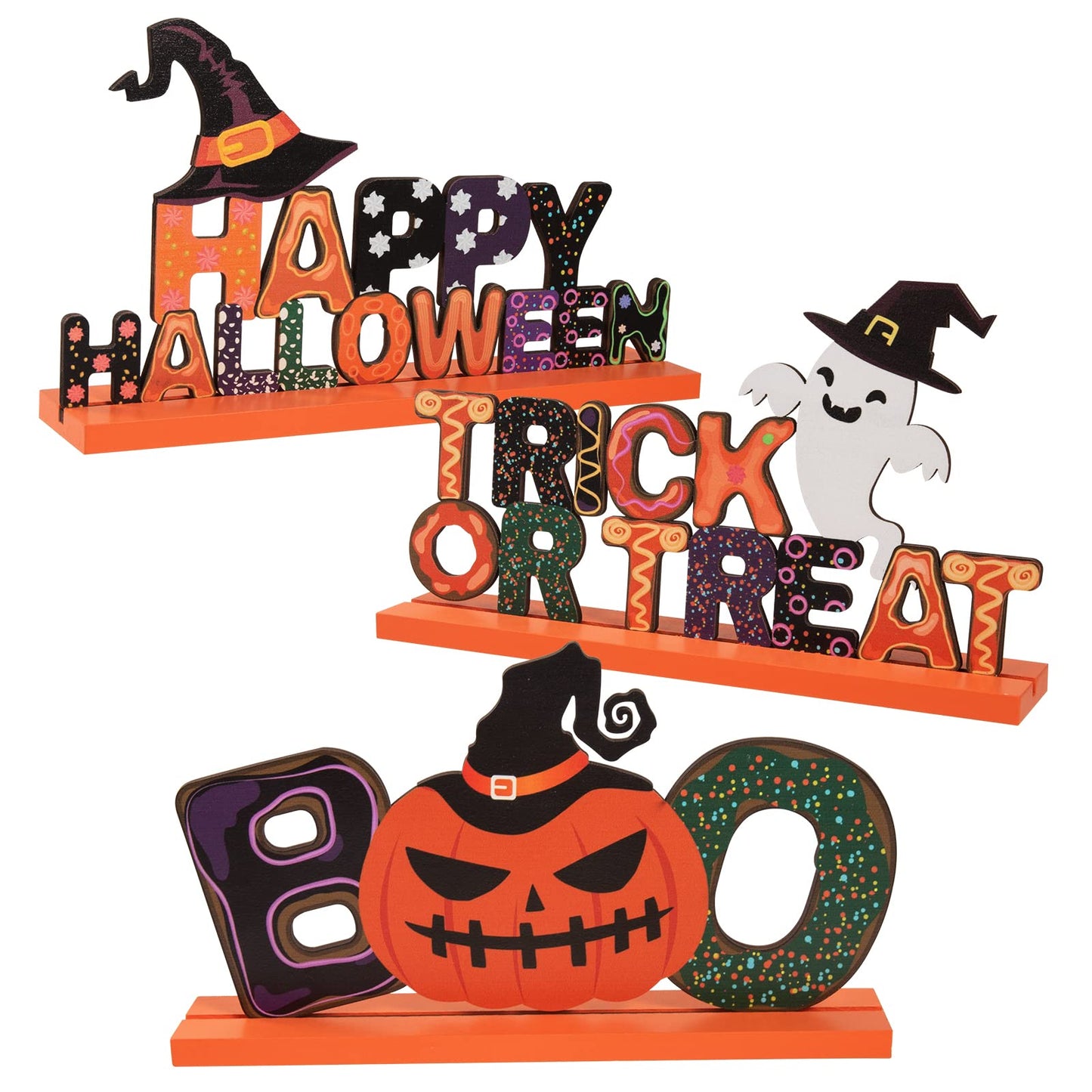 3Pcs Cute Halloween Table Decor Centerpiece Signs - Wooden Happy Halloween/Trick or Treat/Boo Indoor Decorations Gifts for Home Party, Office Desk, Kitchen, Tiered Tray
