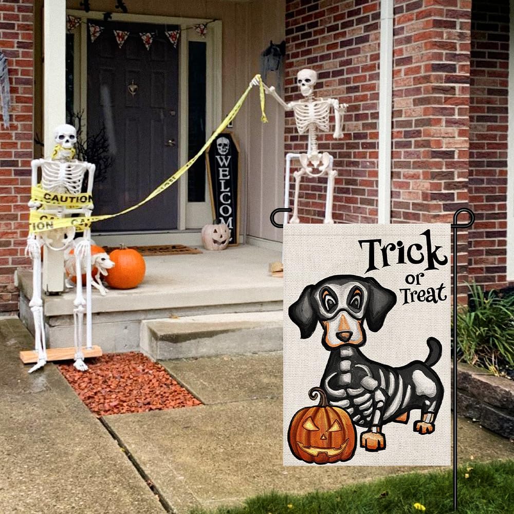 Halloween Trick or Treat Garden Flag Ghost Dog 12x18 Inch Small Double Sided Burlap Welcome Yard Dachshund Skeleton Outside Decorations DF342