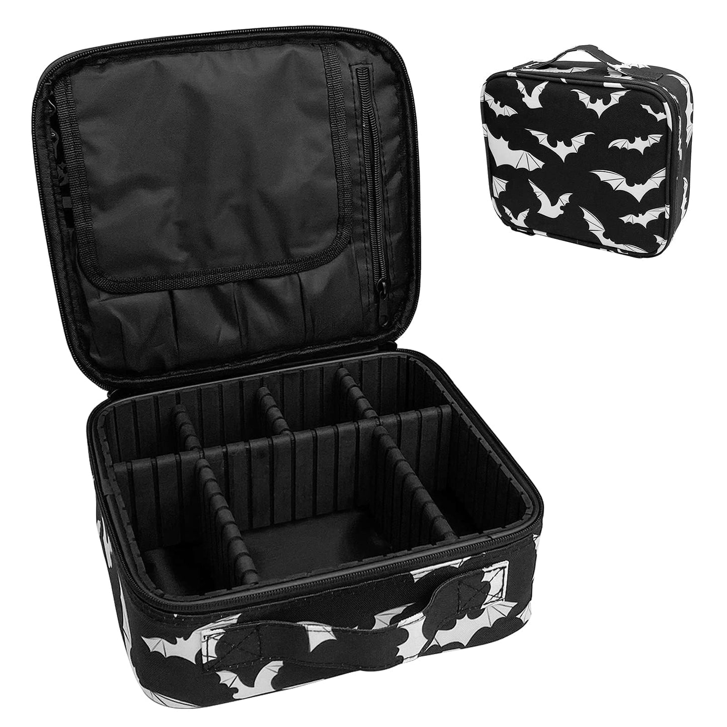 9CH Goth Makeup Organizer Bag, Halloween Makeup Bags Large Cosmetic Bag with Adjustable Dividers Portable Bat Cosmetic Case for Make up Brushes Toiletry Jewelry（Black Bats）