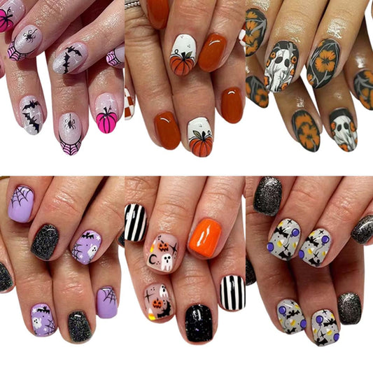 6 Packs (144 Pcs) Halloween Press on Nails Short Square, Almond Press on Nails, with Pumpkins Ghost Spider Web Design Stick on Fake Nails for Women - 12 Sizes, 6Styles