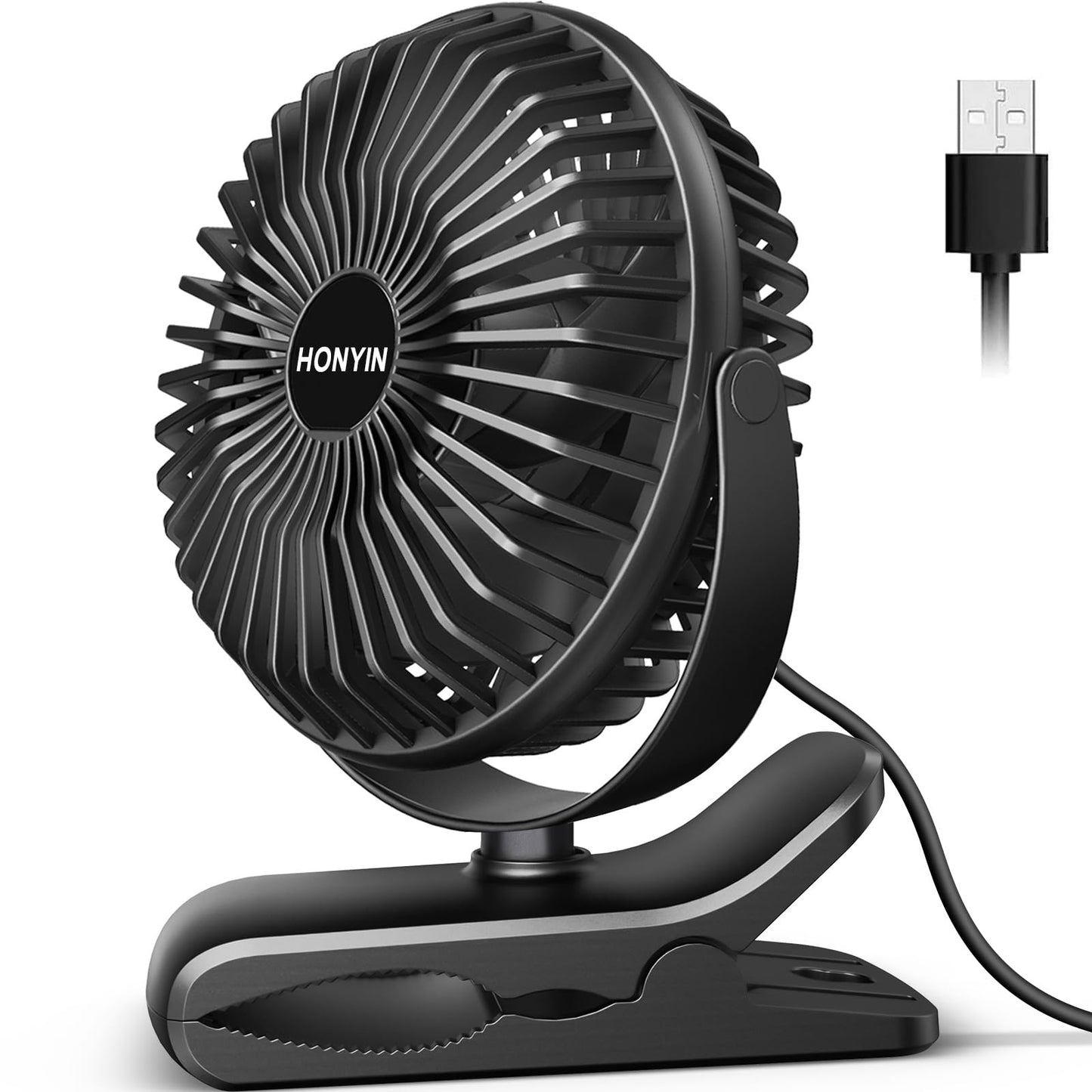 HONYIN 720° Rotation Small Desk & Clip on Fan with Sturdy Clamp, 3 Speeds, Quiet Little Personal Cooling Fan by USB Plug In, for Bedroom Office Desktop Treadmill
