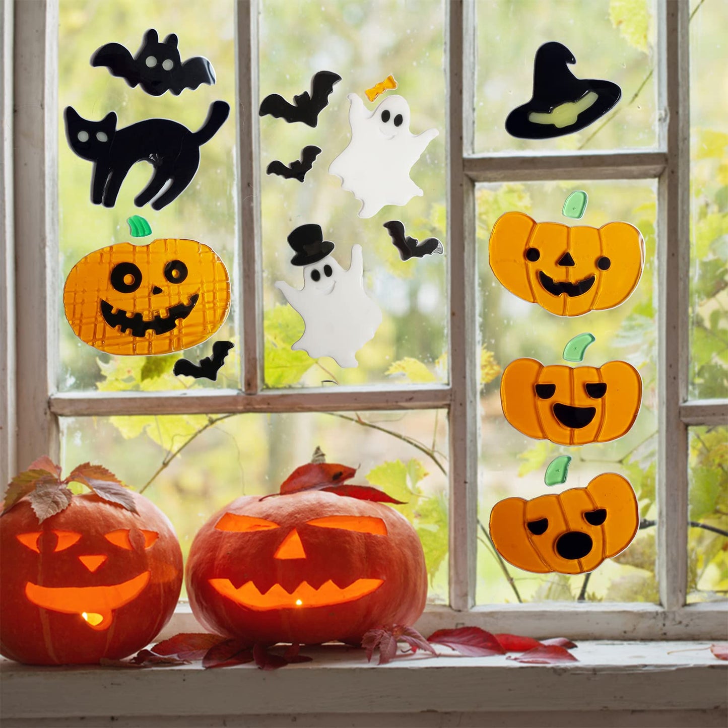 Halloween Gel Window Clings Decorations Window Stickers Gel Window Decor Includes Ghosts Pumpkins Witch Bats Haunted House, Reusable and Easy to Remove - 6 Sheets