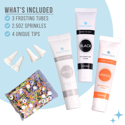 Halloween Frosting Kit with Sprinkles & Eyeballs – 11.31 oz Decorating Set with 3 Frosting Tubes (Orange, Black, White), 4 Nozzles & 2 oz Sprinkle Mix – Cookie & Cupcake Kit for Kids & Families