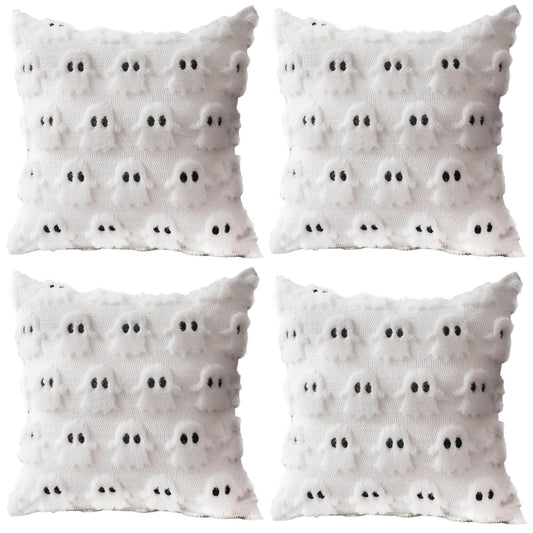 4 Pcs Halloween Throw Pillow Covers 18x18, Soft Faux Fur Pillow Cases Decorations, Fluffy Plush Accent Couch Cushion Case for Halloween Chair Sofa Bedroom Living Room Home Decor(Ghost B)