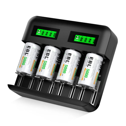 EBL Rechargeable C Batteries (4 Pack) and LCD Smart Battery Charger for Ni-MH AA AAA C D Rechargeable Batteries