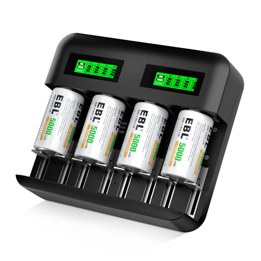 EBL Rechargeable C Batteries (4 Pack) and LCD Smart Battery Charger for Ni-MH AA AAA C D Rechargeable Batteries