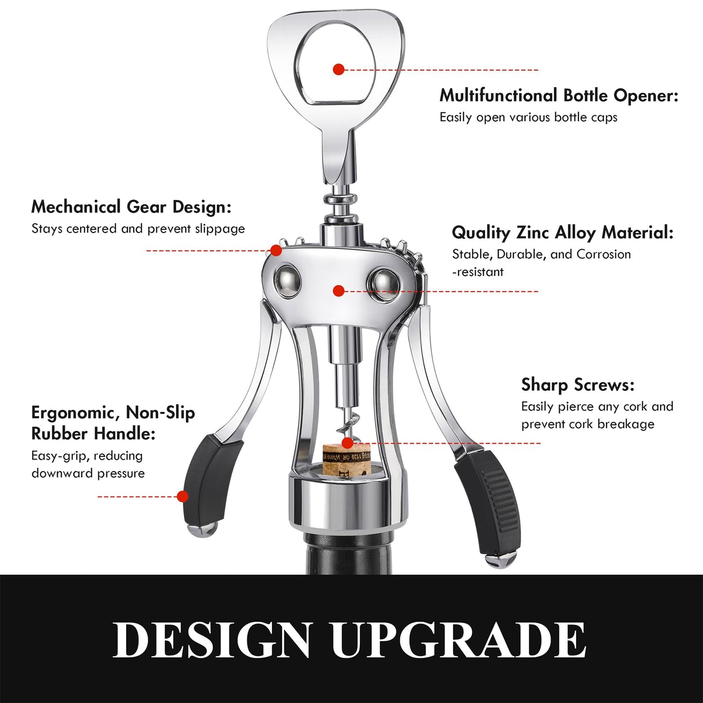 KORCCI Wine Opener, Heavy-Duty Zinc Alloy Wing Corkscrew, Premium Beer Bottle Opener, Multifunctional Wine Accessories with Ergonomic Handle and Sharp Screw, for Kitchen, Bar, Restaurant, Bartenders