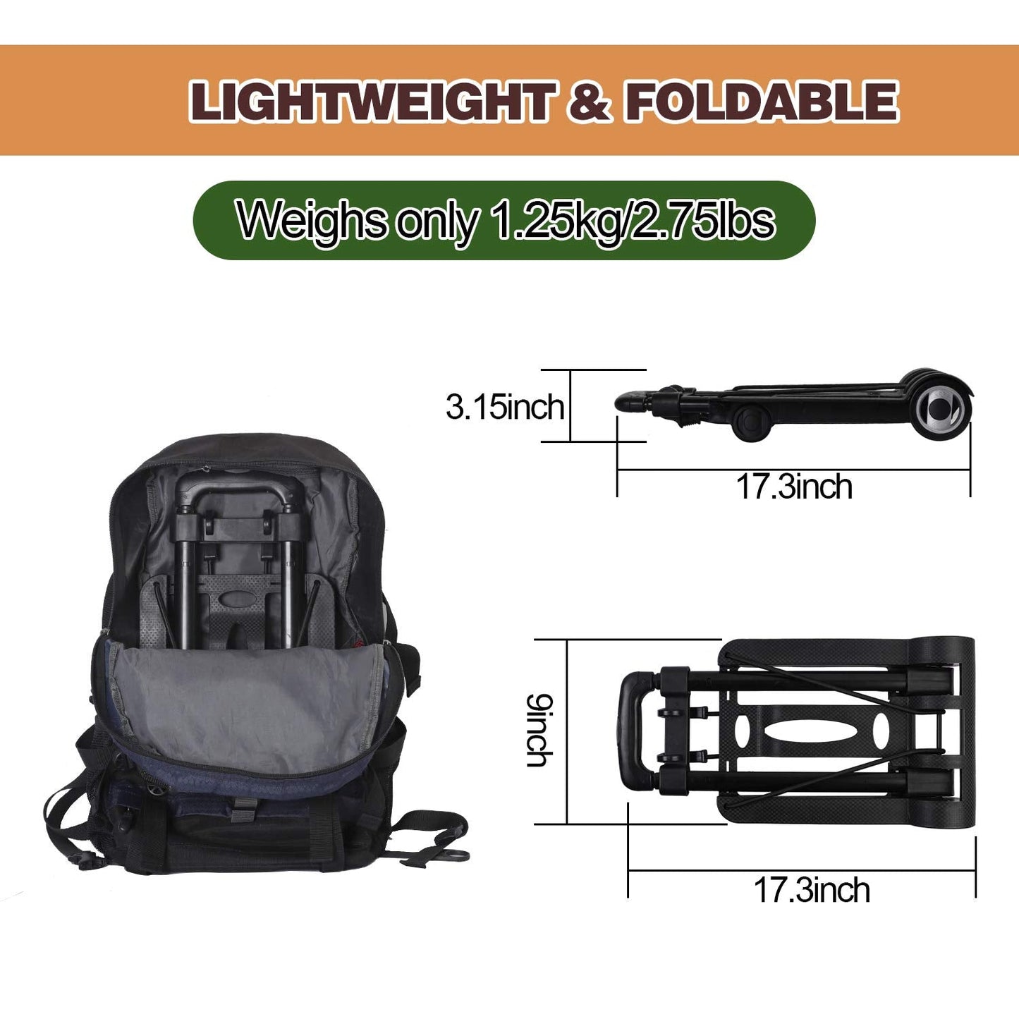 KINJOEK 25kg 55lbs Folding Hand Truck, Solid Construction Utility Cart for Luggage with 2 Oversized Wheels Bonus Bungee Cord, Collapsible, Lightweight and Compact Luggage Dolly Cart for Travel, Black