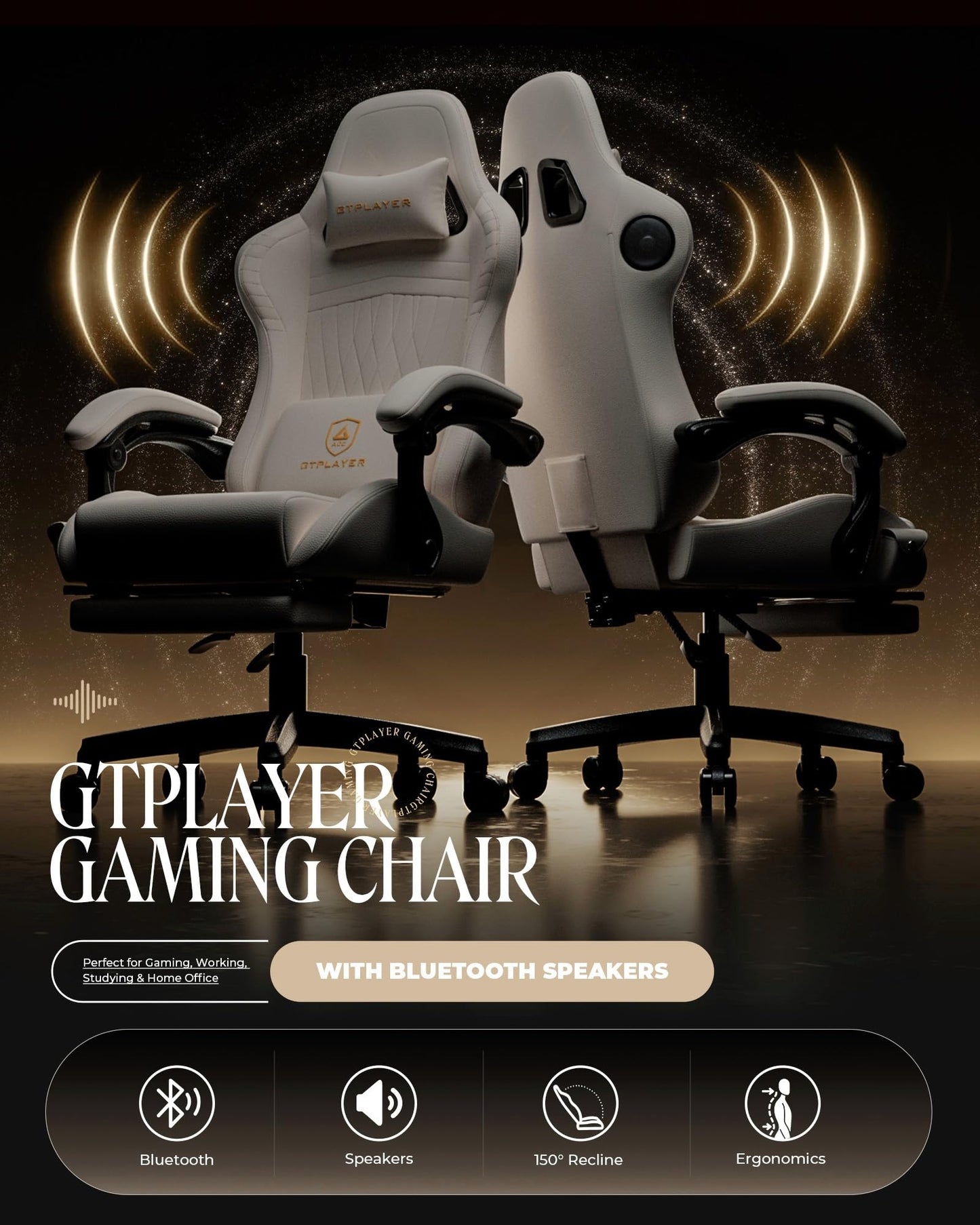 GTPLAYER Gaming Chair with Speakers, Video Game Chairs with Footrest, PC Gamer Chairs for Adults - Padded High Back Ergonomic Reclining Silla Gamer, Linkage Armrest, Ace Pro, Ivory