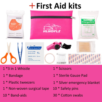 HLWDFLZ Car Roadside Emergency Kit - Pink Roadside Assistance Emergency Kit with Jumper Cables, Auto Tool Set, Deer Whistles, Winter Car Safety Roadside Assist Kit for Teen Girl and Ladies
