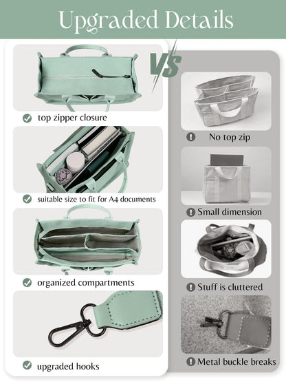 FIORETTO Canvas Tote Bag for Women with Zipper Closure & Individual Compartments for Work College, Crossbody Laptop Tote Purse Handbag with Detachable Strap & Bottom Support for Teacher & Nurse Green