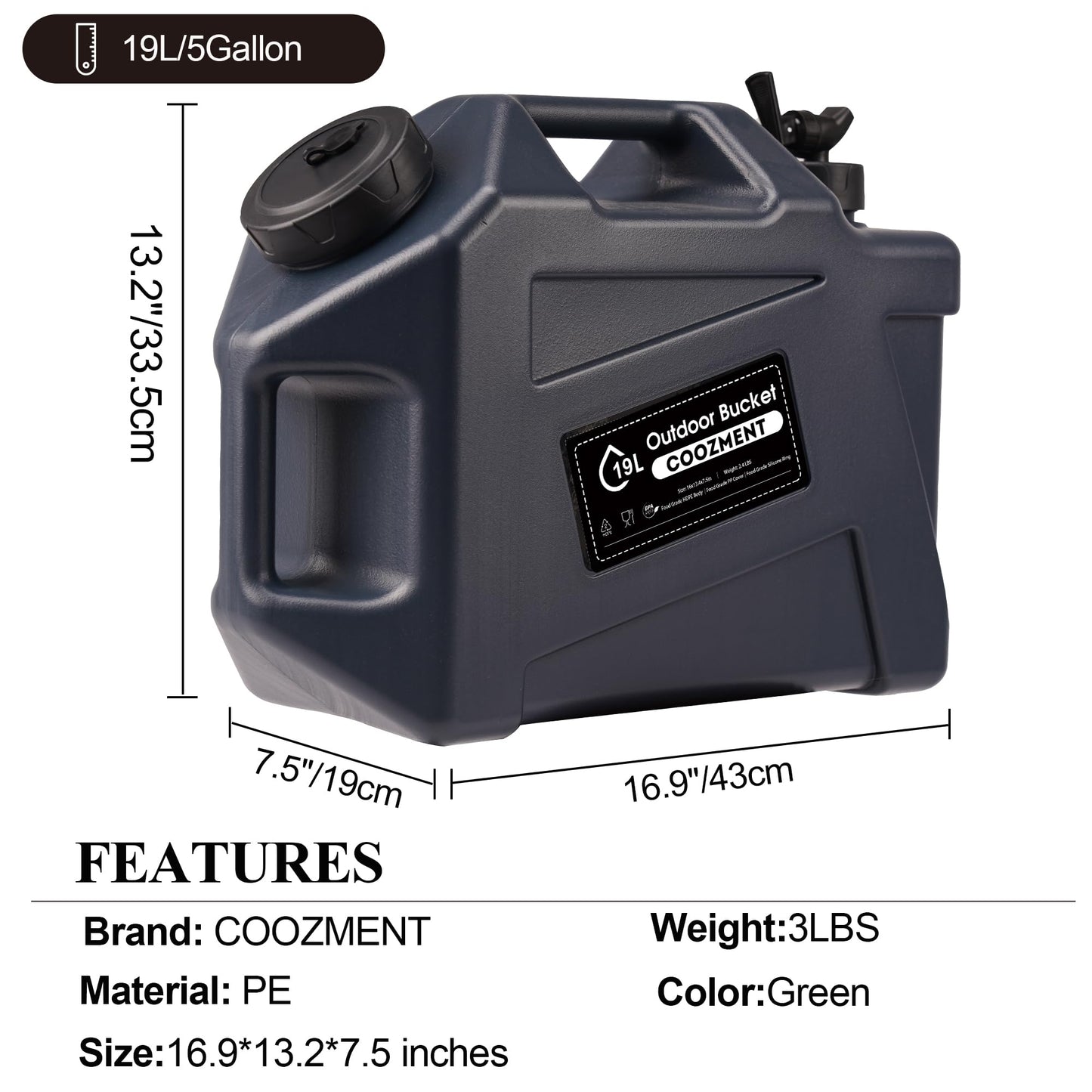 COOZMENT 5 Gallon (19L) Portable Water Containers with Spigot, BPA Free Water Jug, Blue Gray Water Tank, Multifunction Water Storage Containers for Camping Outdoor Hiking,Emergency Stroage