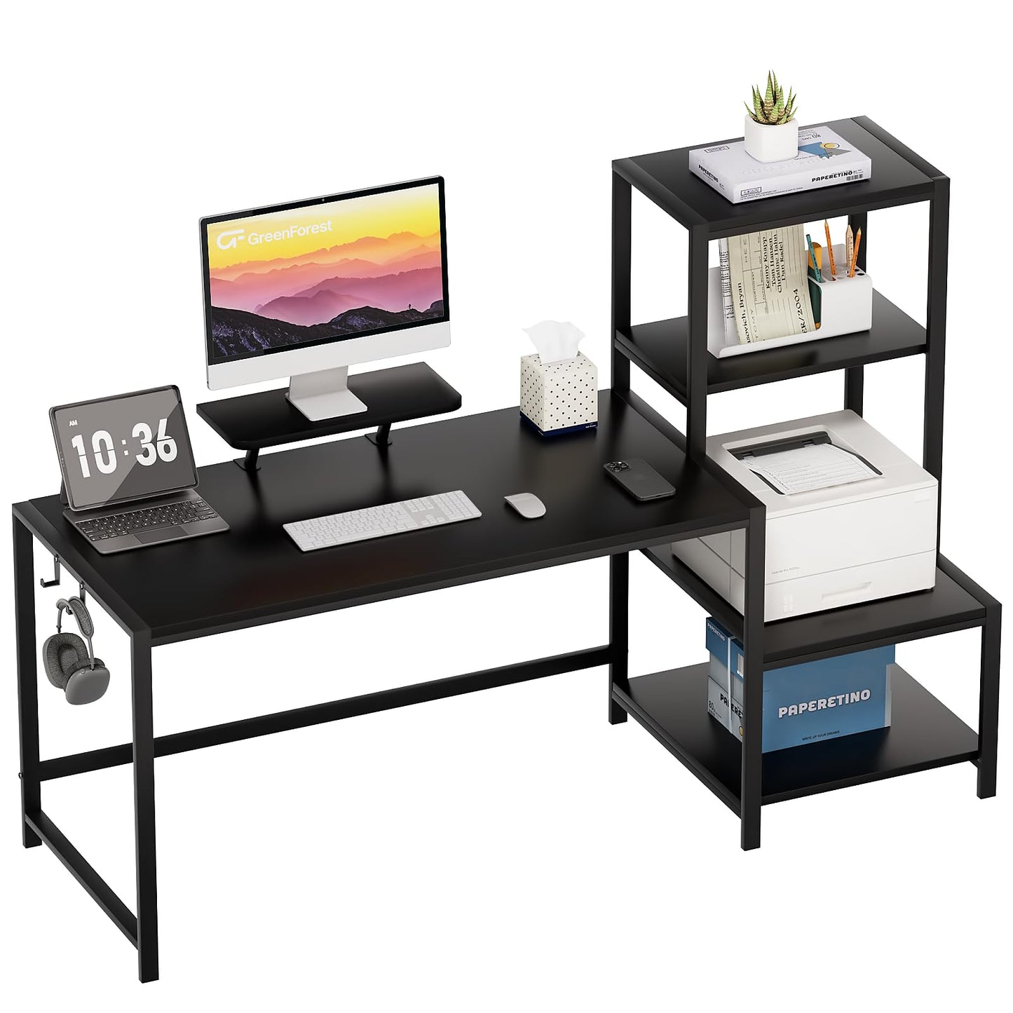 GreenForest Computer Desk 58 inch with Printer Shelf, Reversible Office Desk with Monitor Stand and 2 Hooks, Home Workstation for Study Writing Working Gaming, Black