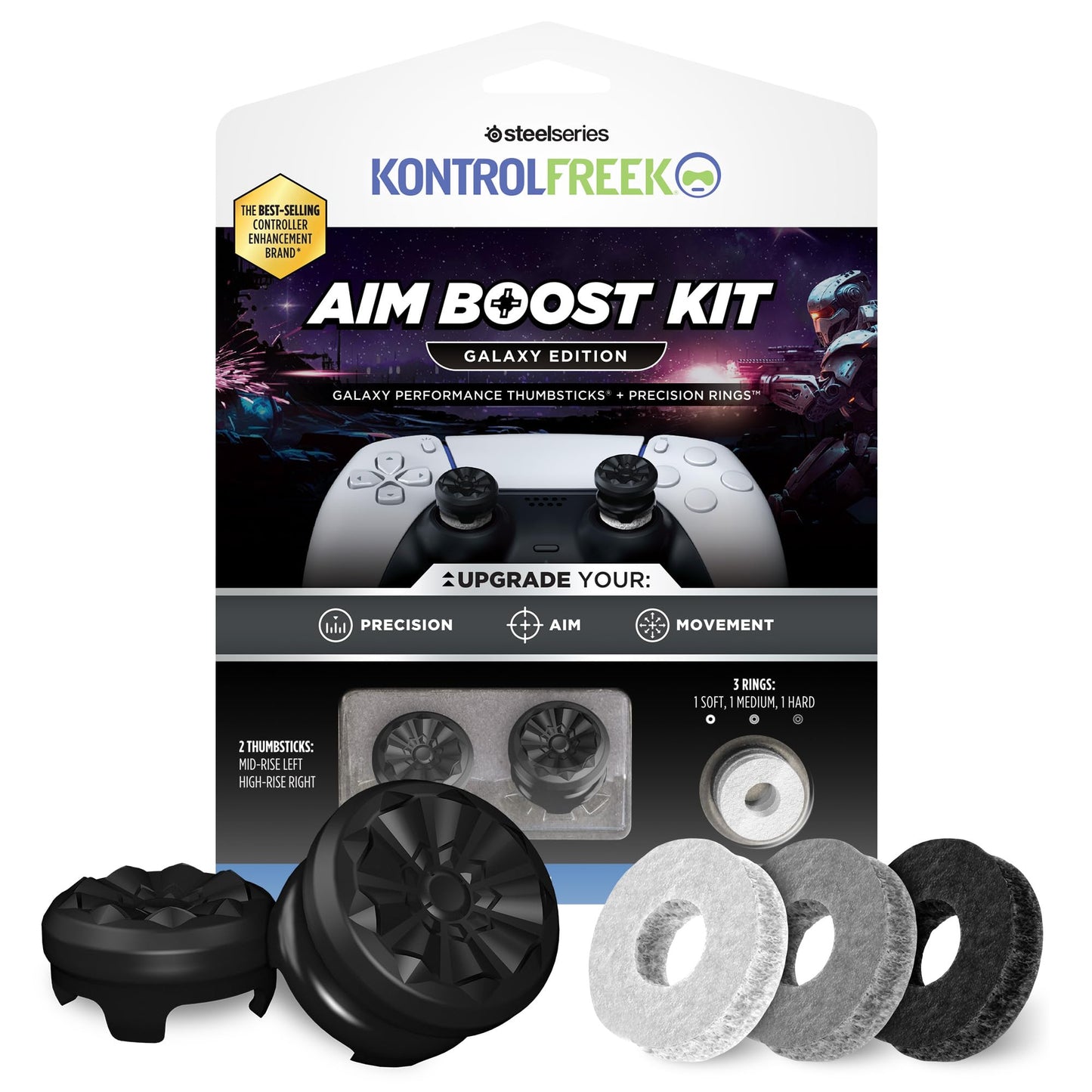 KontrolFreek Aim Boost Kit for PlayStation 5 (PS5) and PlayStation 4 (PS4) Controller | Includes Performance Thumbsticks and Precision Rings | Black Galaxy Edition