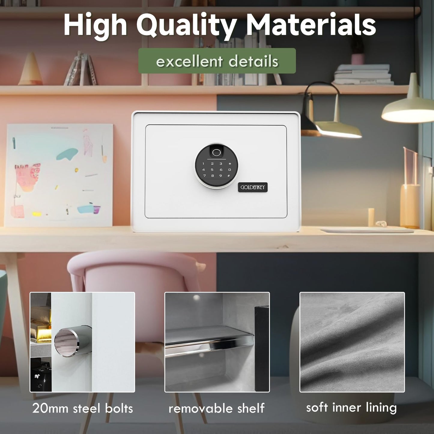 Goldenkey Luxury Jewelry Safe with Fingerprint&Keypad Lock, Document Safe Box with Soft Velvet Lining, Removable Shelf, High Security for Home Office, Hotel, 1.2 Cu.Ft.