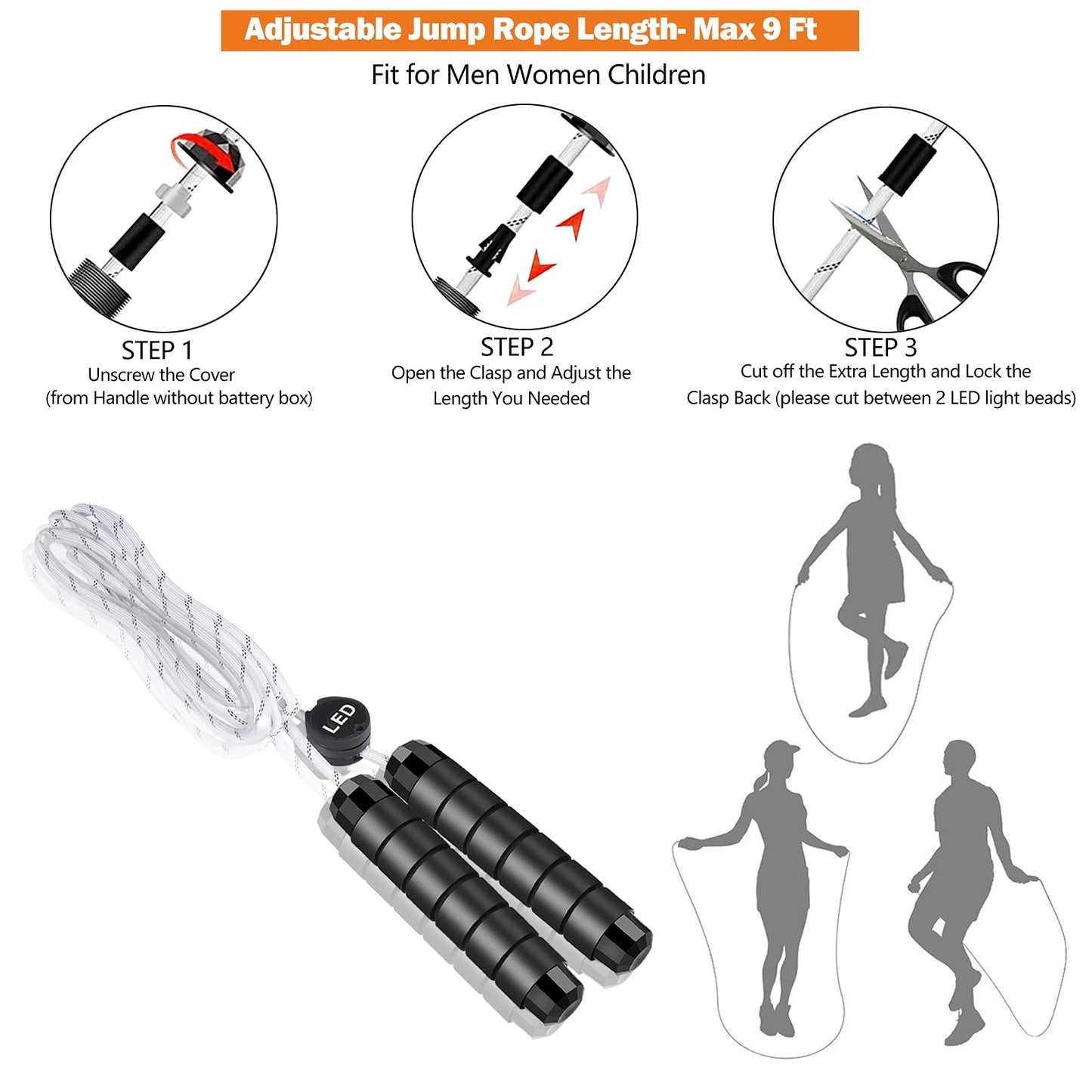 LED Jump Rope with Lights, USB Rechargeable Light Up Jumping Rope for Men Women Multi-color Glowing Skipping Rope for Light Show, 9 Ft -Adjustable