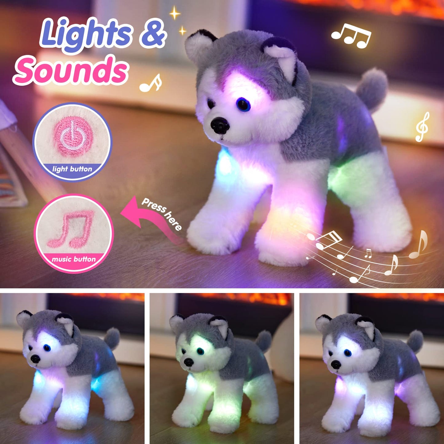 BSTAOFY 12’’ Musical Light up Husky Puppy Stuffed Animal Realistic LED Singing Dog Soft Plush Toy with Night Lights Glow in The Dark Birthday Valentines Christmas for Toddler Kids