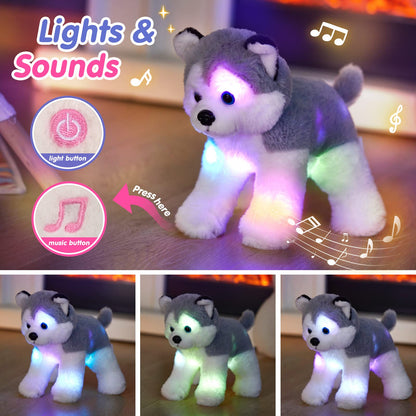 BSTAOFY 12’’ Musical Light up Husky Puppy Stuffed Animal Realistic LED Singing Dog Soft Plush Toy with Night Lights Glow in The Dark Birthday Valentines Christmas for Toddler Kids