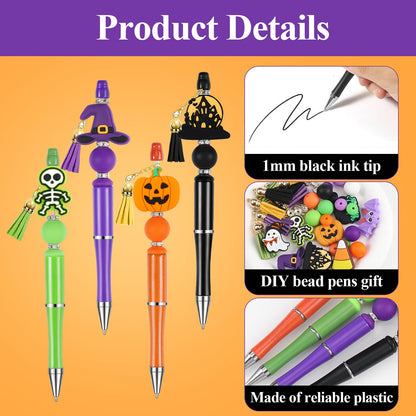 CZWZ Halloween Beadable Pens, Plastic Beadable Pens with 8 Pcs Multicolor Silicone Beads, Halloween Pumpkin Bat Skull Ghost Witch Hat Pens for Halloween Gifts Office Supplies