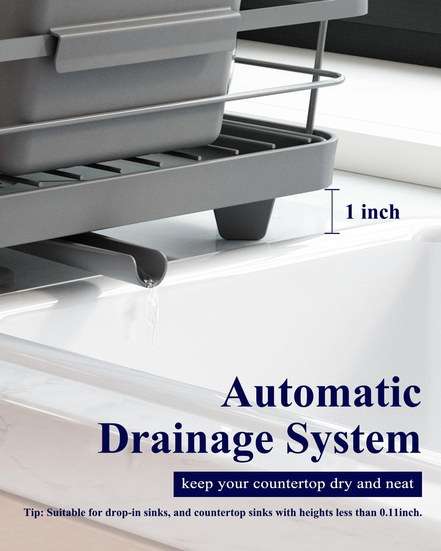 Kitsure Dish Drying Rack for Kitchen Counter, Stainless Steel Sink Organization and Storage Essentials with Cutlery Holder, Home and Appartment Decor, 12''W x 15.5''L, Grey